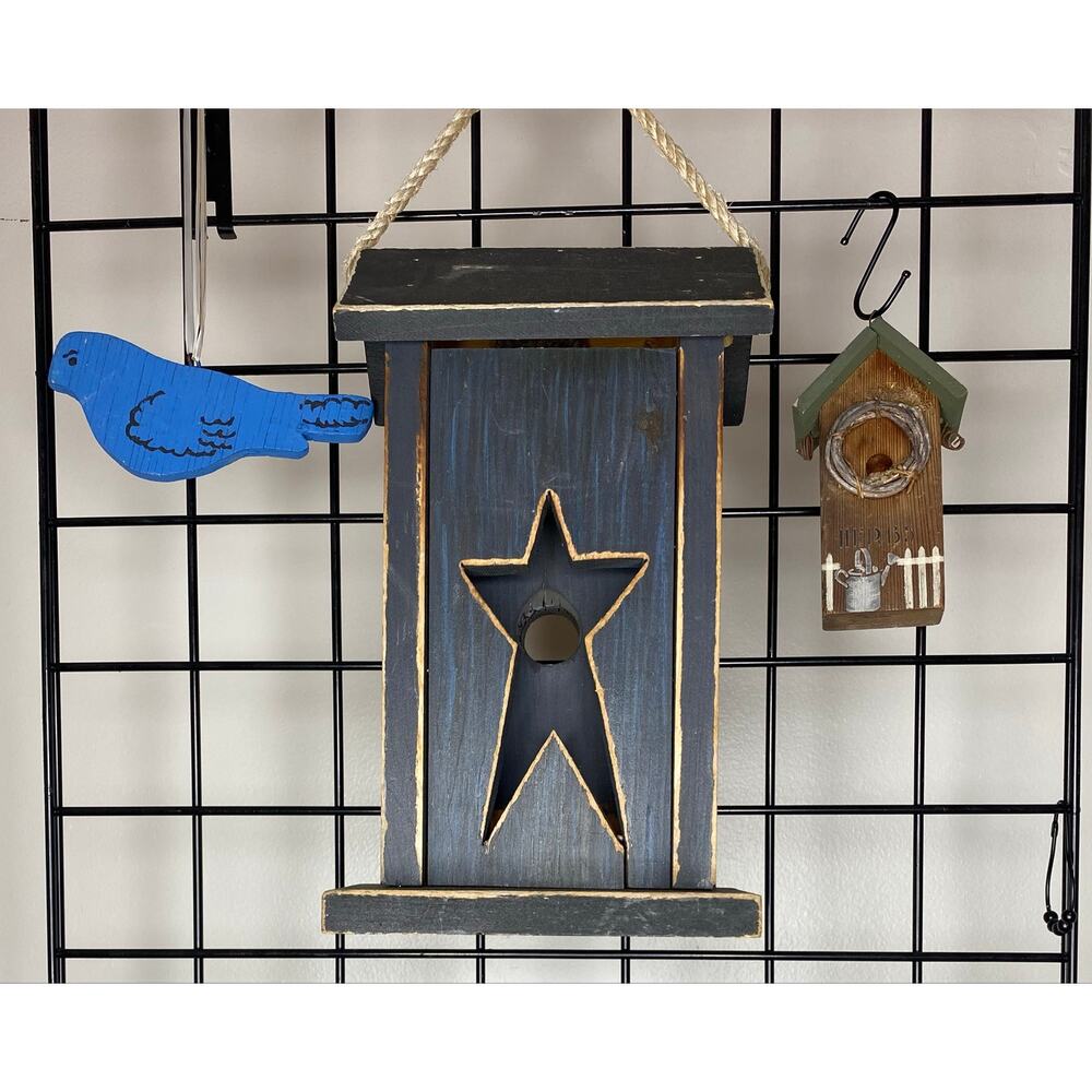 Primitive Star Handmade Birdhouse Wood, Blue Distressed Finish, Jute Rope Hanger
